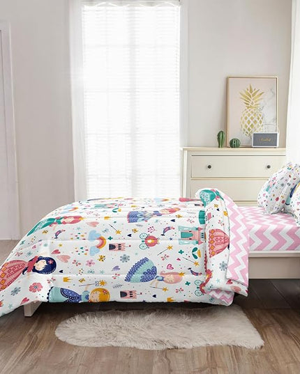Girls Twin Bedding Sets, Kids Comforter Set for Teens w/Sheets and Pillowcase, Soft Reversible Cartoon Princess Bed in a Bag Sets - LeafyLoom