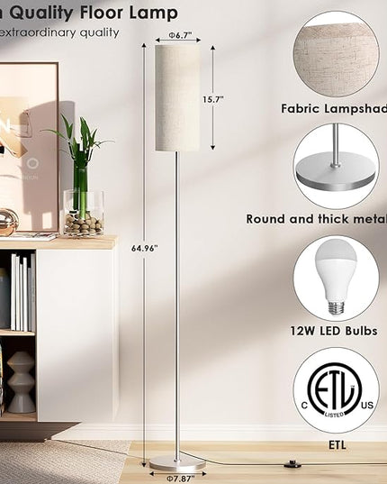 Floor Lamp for Living Room, Modern Standing lamp with Remote Control, Stepless Dimmable 12W Bulb & Beige Lampshade Included, Brushed Nickel Pole Tall Floor Lamp for Bedroom Office - LeafyLoom