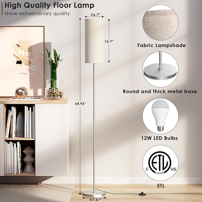 Floor Lamp for Living Room, Modern Standing lamp with Remote Control, Stepless Dimmable 12W Bulb & Beige Lampshade Included, Brushed Nickel Pole Tall Floor Lamp for Bedroom Office - LeafyLoom