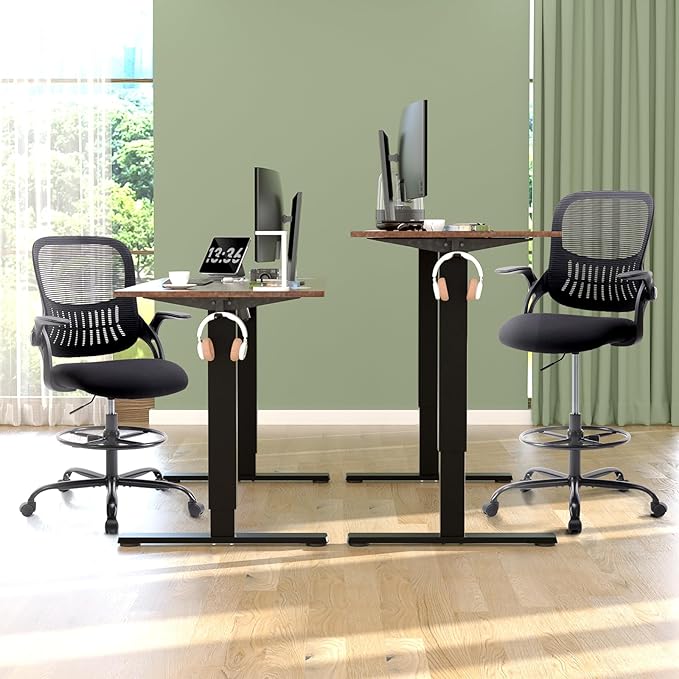 SMUG Drafting Chair, Tall Office Chair Tall Standing Desk Chair Counter Height Adjustable Office Chair with Flip-up Arms, Mid Back Mesh Office Drafting Chairs, Black - LeafyLoom