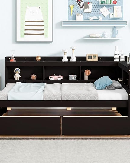 Twin Size Daybed with Storage Drawers and L-Shaped Bookcase Headboard, Solid Wood Captains Day Bed for Bedroom Living Room Guestroom, No Box Spring Needed, Espresso - LeafyLoom