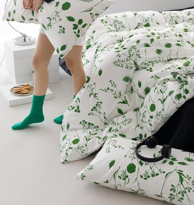 Sage Botanical Comforter Queen White Green Floral Plant Bedding Comforter Set Girls Garden Pattern Printed on White Blanket Rustic Leaf Blossom Women White Farmhouse Comforter Queen - LeafyLoom
