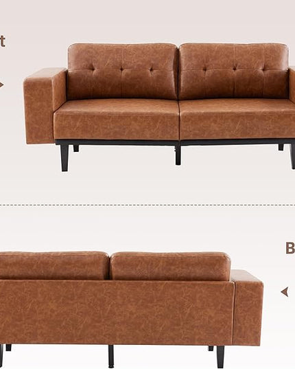 79” Leather Sofa Couches for Living Room, Oversized Loveseat Sofa, 3 Seat Mid Century Modern Couch, Brown Faux Leather Couch Sofa, Love Seat with Solid Wood Leg, Bedroom Couch, Cognac Tan - LeafyLoom