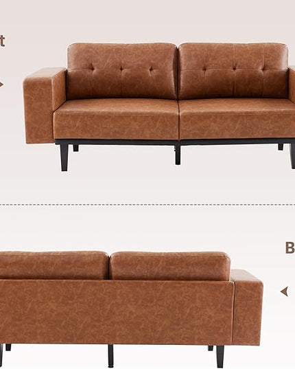 Leather Sofa Couches for Living Room, 79” Oversized Loveseat Sofa, 3 Seat Mid Century Modern Couch, Faux Brown Leather Couch, Love Seat Comfy Sofas with Solid Leg, Bedroom Couch, Cognac Tan - LeafyLoom