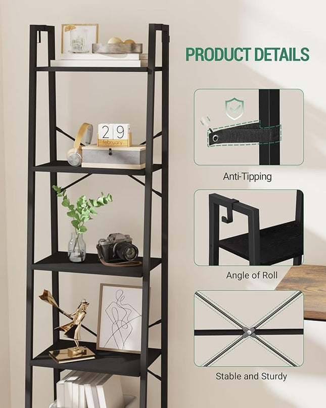 Ladder Shelf, Bookshelf Bookcase, Freestanding Corner Storage Shelve with 2 Hooks for Home Office, Living Room, Kitchen, Bedroom, Industrial, 5-Tier Black BC19204B - LeafyLoom