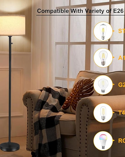 Floor Lamps for Living Room, Stepless Dimmable Standing Lamp, Modern Floor Lamp with Rotary Switch, Beige Linen Shade, 9W Led Bulb Included(1000LM,2700K), Tall Lamp for Bedroom, Office, Farmhouse - LeafyLoom