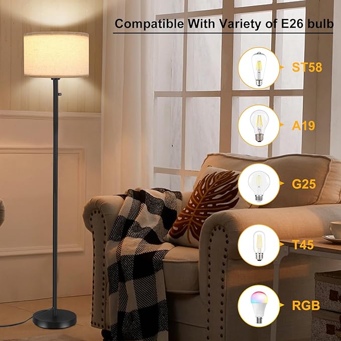 Floor Lamps for Living Room, Stepless Dimmable Standing Lamp, Modern Floor Lamp with Rotary Switch, Beige Linen Shade, 9W Led Bulb Included(1000LM,2700K), Tall Lamp for Bedroom, Office, Farmhouse - LeafyLoom
