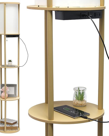 Simple Designs LF2010-TAN 62.5" Round Modern Shelf Etagere Organizer Storage Floor Lamp with 2 USB Charging Ports, 1 Charging Outlet and Linen Shade for Living Room Bedroom Office, Tan - LeafyLoom