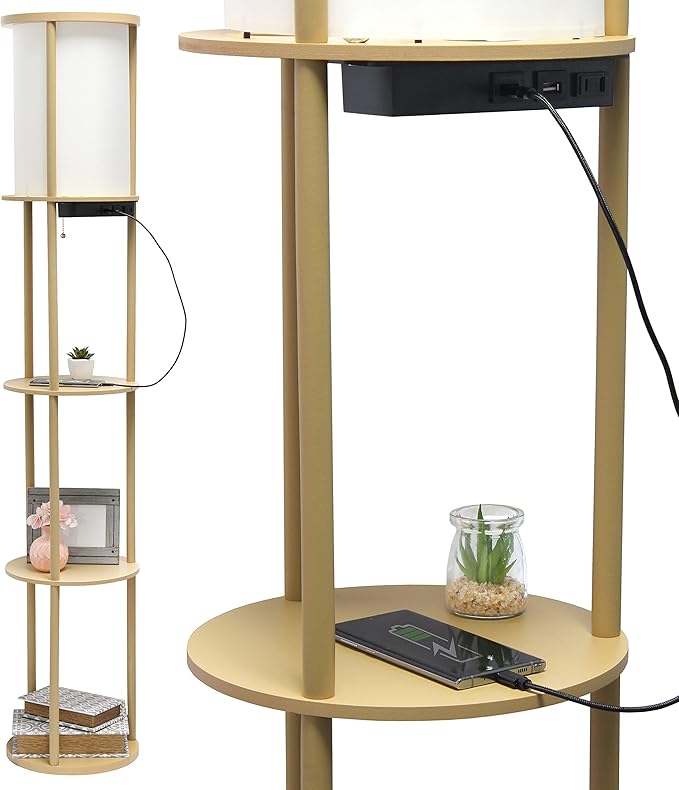 Simple Designs LF2010-TAN 62.5" Round Modern Shelf Etagere Organizer Storage Floor Lamp with 2 USB Charging Ports, 1 Charging Outlet and Linen Shade for Living Room Bedroom Office, Tan - LeafyLoom