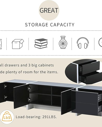 Merax Contemporary Rectangle Design TV Stand for Television Up to 80", Unique Style Console Table, Modern Storage Cabinet with High Gloss UV Surface for Living Room, 74.8" Length, Black - LeafyLoom