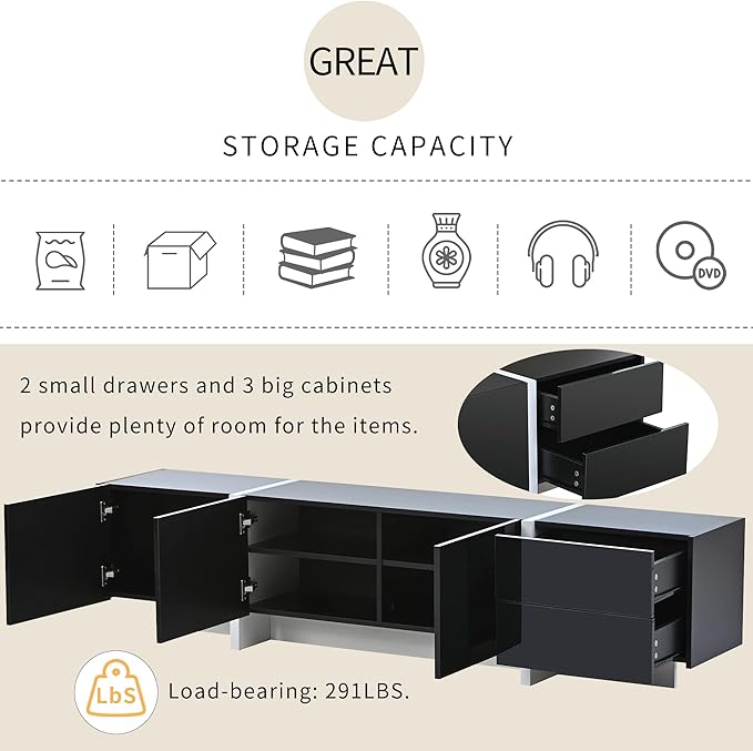 Merax Contemporary Rectangle Design TV Stand for Television Up to 80", Unique Style Console Table, Modern Storage Cabinet with High Gloss UV Surface for Living Room, 74.8" Length, Black - LeafyLoom