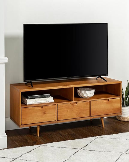 Walker Edison 3-Drawer Mid Century Modern Wood TV Stand for TV's up to 65" Flat Screen Cabinet Door Living Room Storage Entertainment Center, 58 Inch, Caramel - LeafyLoom