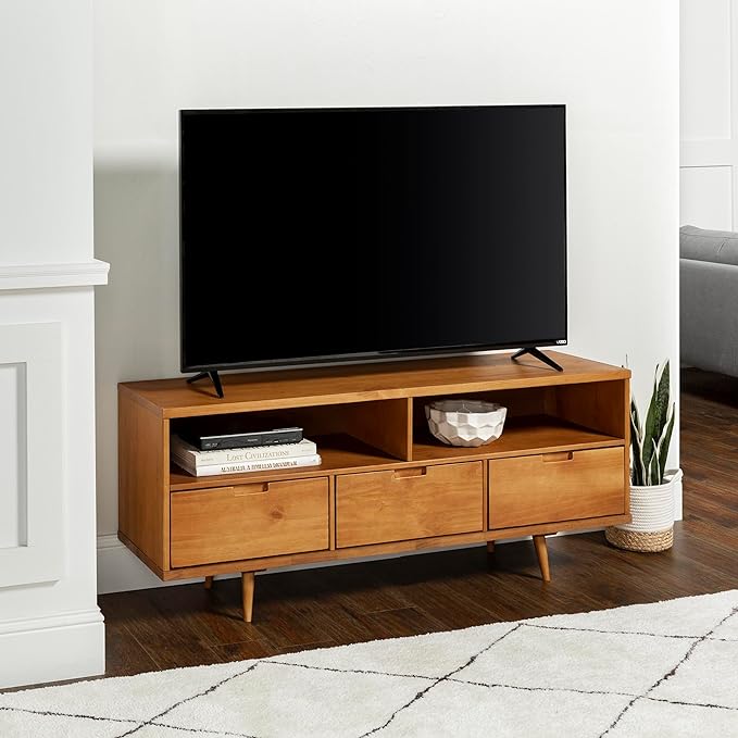 Walker Edison 3-Drawer Mid Century Modern Wood TV Stand for TV's up to 65" Flat Screen Cabinet Door Living Room Storage Entertainment Center, 58 Inch, Caramel - LeafyLoom