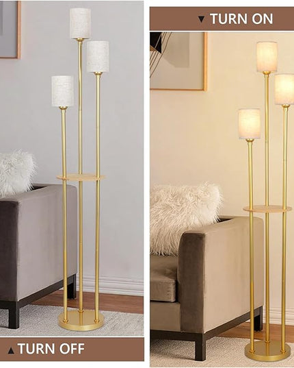 Floor Lamps for Living Room, 3-Lights Modern Floor Lamp with Shelves, Gold Standing Lamp with Fabric Shade and Foot Switch, Shelf Standing Lamps with Table, Tall Table Lamps for Bedroom Office - LeafyLoom