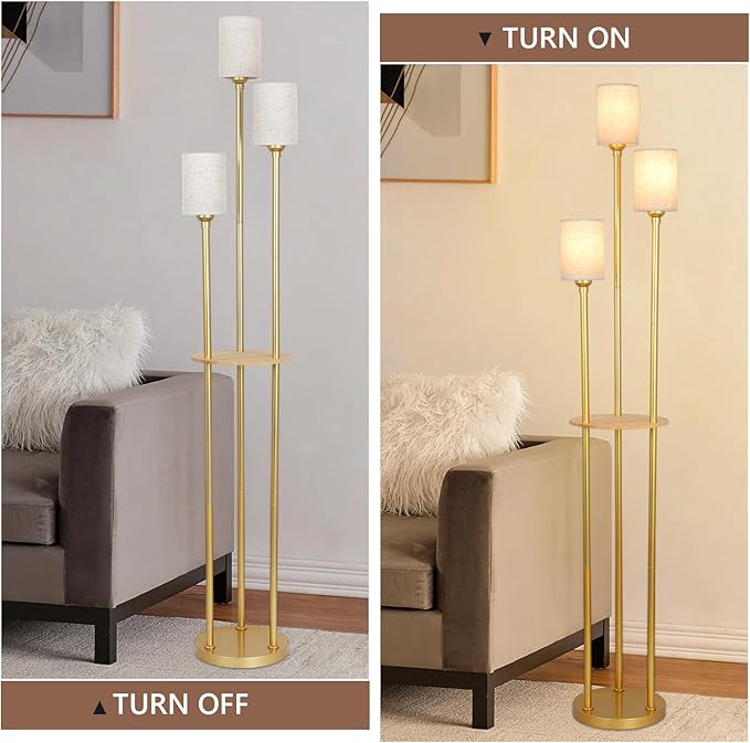Floor Lamps for Living Room, 3-Lights Modern Floor Lamp with Shelves, Gold Standing Lamp with Fabric Shade and Foot Switch, Shelf Standing Lamps with Table, Tall Table Lamps for Bedroom Office - LeafyLoom