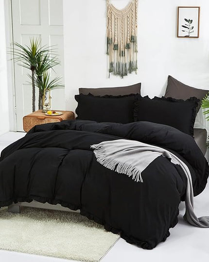 Black Ruffled Comforter Set Full Size Bedding Set Women Black Ruffles Blanket Men Black Ruffled Comforter Farmhouse Ruffle Fringe Design Girls 3 PCs Solid Black Ruffled Bedding Set - LeafyLoom