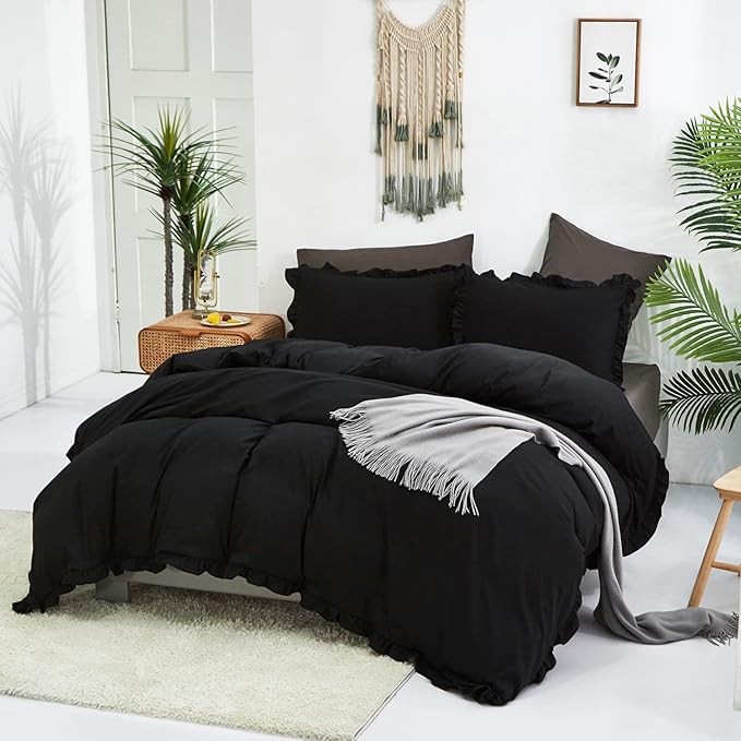 Black Ruffled Comforter Set Full Size Bedding Set Women Black Ruffles Blanket Men Black Ruffled Comforter Farmhouse Ruffle Fringe Design Girls 3 PCs Solid Black Ruffled Bedding Set - LeafyLoom