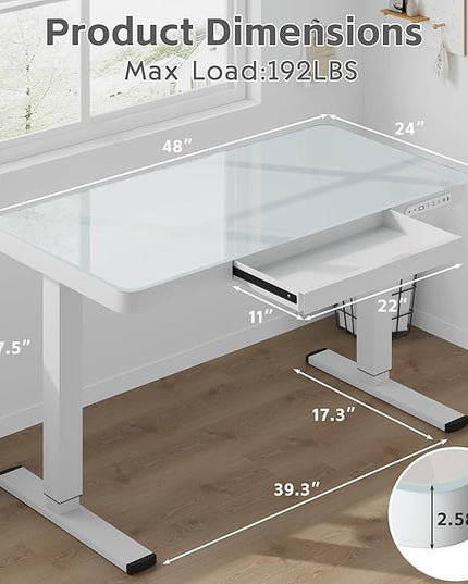 Electric Standing Desk with Drawer, 48 x 24 inches with Preassembled Top & USB Charging Ports, Height Adjustable for Home & Office, White Glass - LeafyLoom