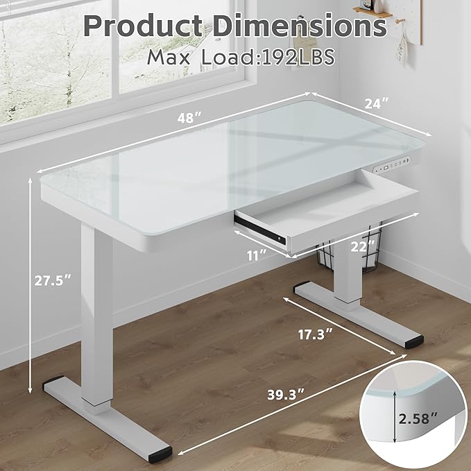 Electric Standing Desk with Drawer, 48 x 24 inches with Preassembled Top & USB Charging Ports, Height Adjustable for Home & Office, White Glass - LeafyLoom