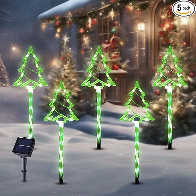 Solar Christmas Pathway Lights Outdoor Decorations, 8 Modes Xmas Tree Candy Lights Waterproof Led Garden Stake Lights for Walkway Yard Lawn Porch Holiday Decor 5-Pack (Green Xmas Tree Lights) BRIGHTDECK