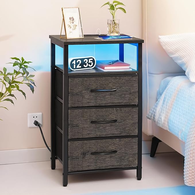 Yoobure Night Stand with Charging Station, 20 Colors LED Nightstand with USB Ports and Outlets, End Table with 3 Fabric Drawers and Storage Shelf, Bedside Tables Small Dresser for Small Space, Gray - LeafyLoom