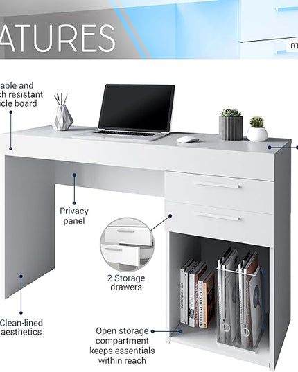 Techni Mobili Computer Home Office or Bedroom Storage & Drawers Ideal for Small Spaces Writing Desk, 47.6" W x 16.1" D x 30.3, White - LeafyLoom