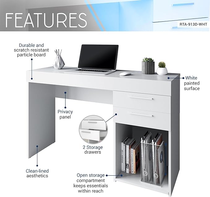 Techni Mobili Computer Home Office or Bedroom Storage & Drawers Ideal for Small Spaces Writing Desk, 47.6" W x 16.1" D x 30.3, White - LeafyLoom