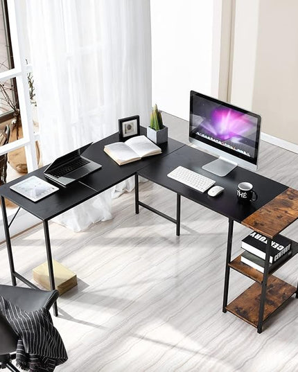 FurnitureR L-Shaped 58.3'' Corner Computer Desk with Storage Shelf Long Gaming Desk for Home Office PC Workstation Saving Space Laptop Table, Black and Brown - LeafyLoom