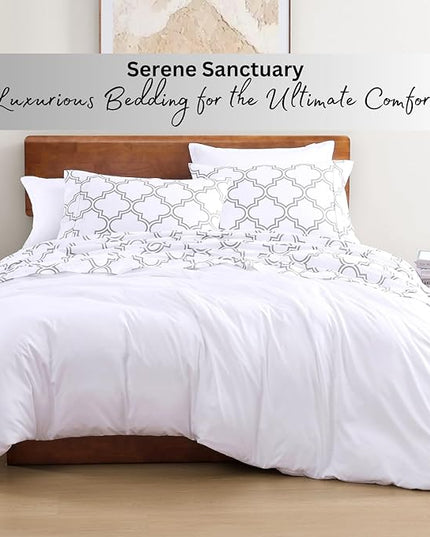 LANE LINEN 100% Organic Cotton Sheets Queen, 4-Piece Bed Sheets Queen Size Cotton, Luxury Sheets, Percale Weave,Breathable Bed Sheets Queen Size Deep Pockets Fits Upto 15" - Trellis Silver - LeafyLoom