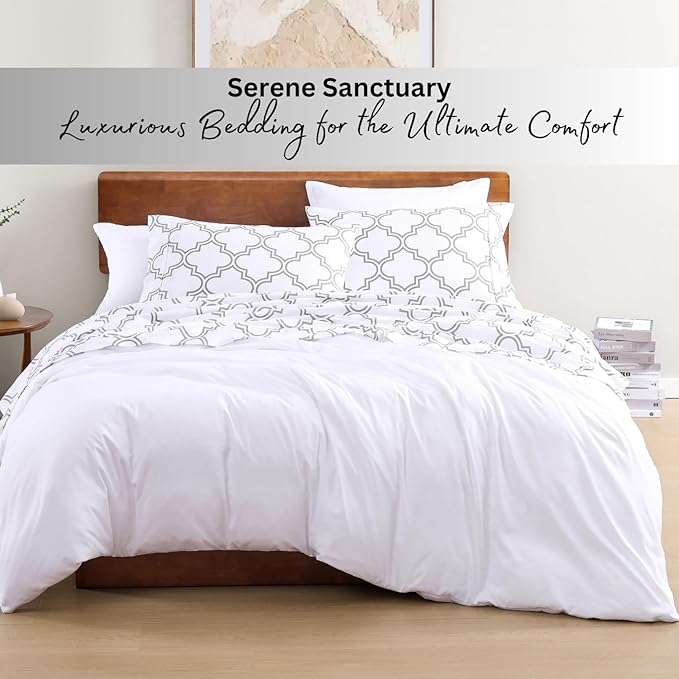 LANE LINEN 100% Organic Cotton Sheets Queen, 4-Piece Bed Sheets Queen Size Cotton, Luxury Sheets, Percale Weave,Breathable Bed Sheets Queen Size Deep Pockets Fits Upto 15" - Trellis Silver - LeafyLoom