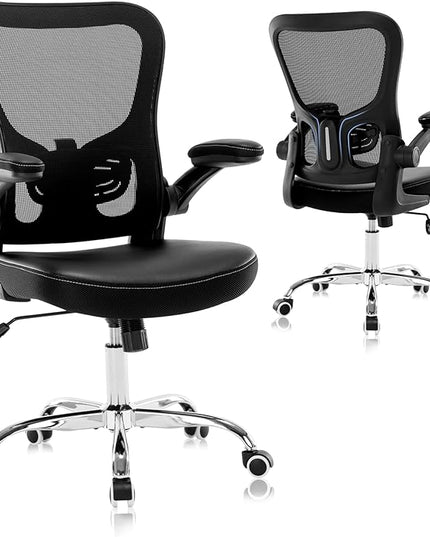 Office Chair,Ergonomic Desk Chair,Mesh Computer Chair with PU Leather Flip-up Armrest,Home Office Chair with Lumbar Support,Adjustable Executive Mid Back Task Chair,Rolling Swivel Office Chairs,Black - LeafyLoom