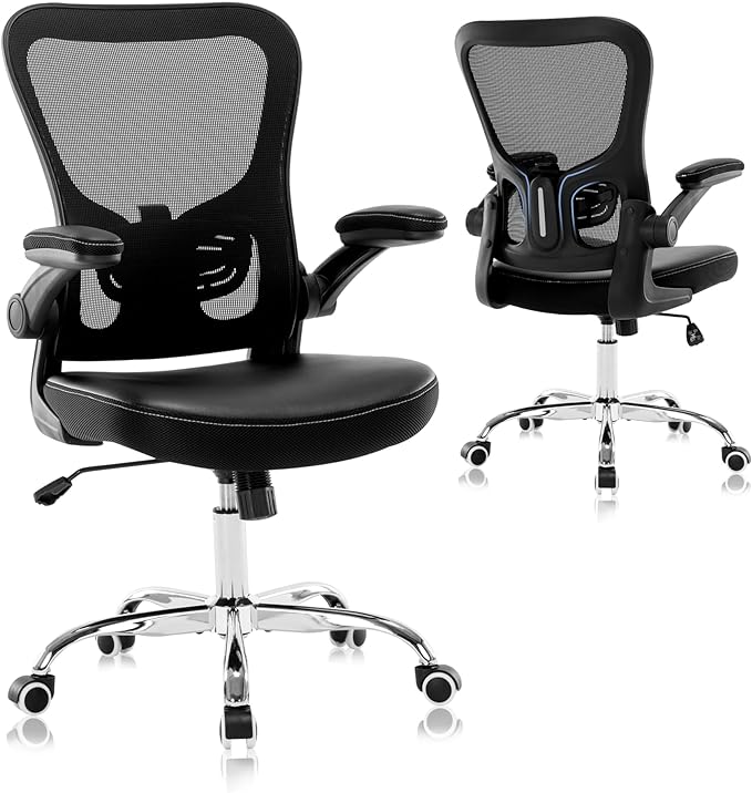 Office Chair,Ergonomic Desk Chair,Mesh Computer Chair with PU Leather Flip-up Armrest,Home Office Chair with Lumbar Support,Adjustable Executive Mid Back Task Chair,Rolling Swivel Office Chairs,Black - LeafyLoom