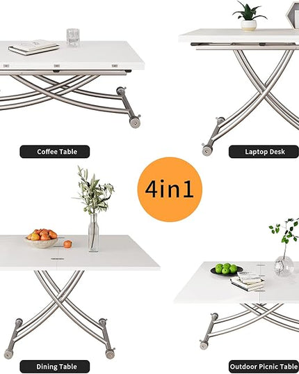 Height Adjustable Folding Dining Table Lift Top Coffee Table Converts to Dining Table with Sturdy Cross Metal Legs, Multi-Functional Space Saving Transform Table, White - LeafyLoom