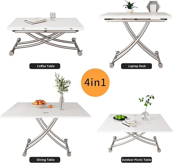 Height Adjustable Folding Dining Table Lift Top Coffee Table Converts to Dining Table with Sturdy Cross Metal Legs, Multi-Functional Space Saving Transform Table, White - LeafyLoom
