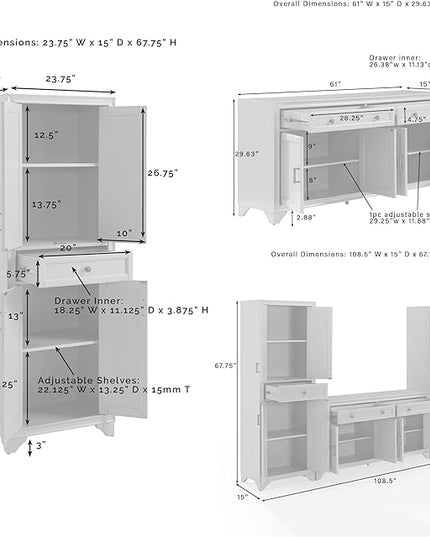 Crosley Furniture Tara 3-Piece Sideboard and Pantry Set, Distressed White - LeafyLoom