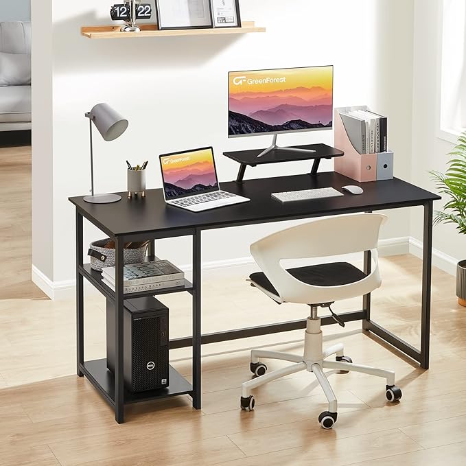 GreenForest Computer Home Office Desk with Monitor Stand and Storage Shelves on Left or Right Side,47 inch Modern Writing Study PC Laptop Work Table,Black - LeafyLoom