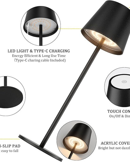 2 Pack Dimmable Table Lamp 3000k Warm White, IP54 Wireless Bottle Lamp for Indoor and Outdoor, 5000 mAh Rechargeable Table Lamp for Family, Restaurant & Bar(Black) - LeafyLoom