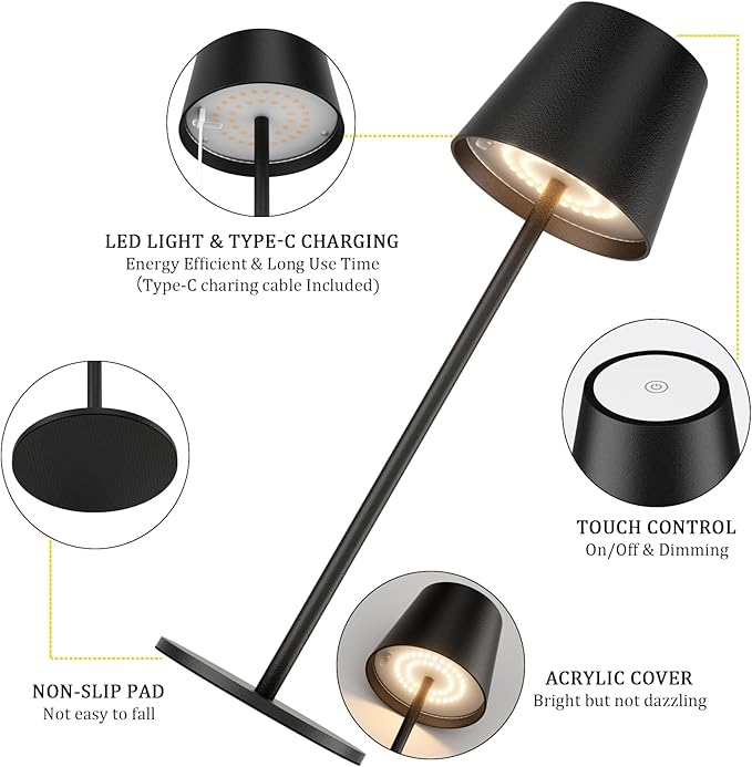 2 Pack Dimmable Table Lamp 3000k Warm White, IP54 Wireless Bottle Lamp for Indoor and Outdoor, 5000 mAh Rechargeable Table Lamp for Family, Restaurant & Bar(Black) - LeafyLoom
