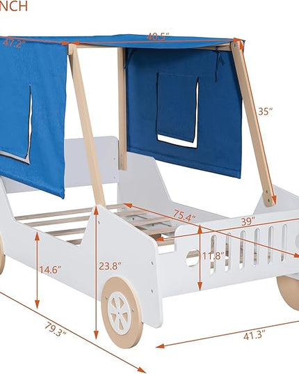 Twin Size Kids Car Bed with Tent Canopy & Wheels,Wood Bedframe W/Safty Grille,Raised Base Design,Easy Assembly,Toddler Boys Car-Shaped Bedroom Beds for Reading Playing Relaxing,White+Natural - LeafyLoom