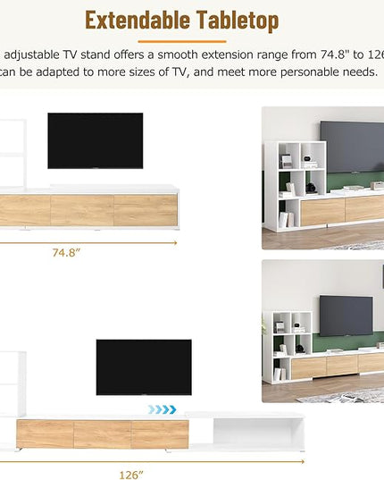 Extendable Stand with 3 Tier Bookshelves for TVs up to 110'', Adjustable Entertainment Center with Storage Cabinets, Sliding Tabletop Media Console for Living Room, White, 126 inch Length - LeafyLoom