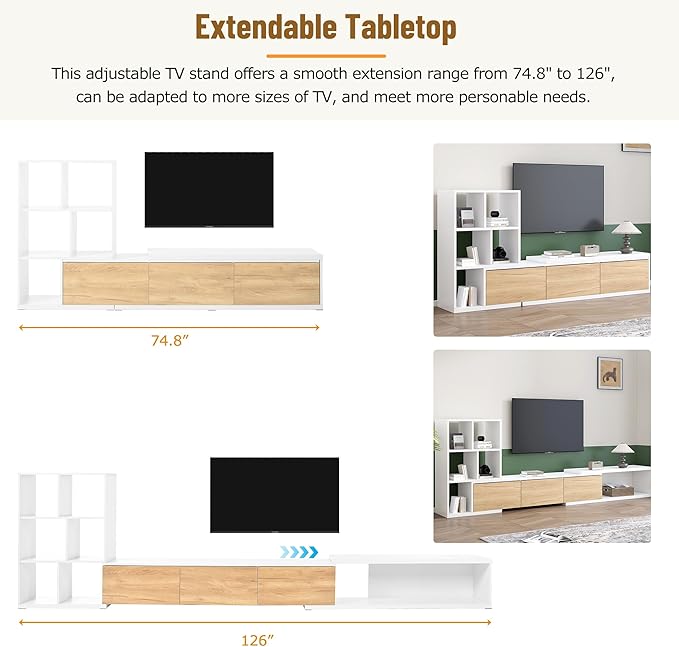 Extendable Stand with 3 Tier Bookshelves for TVs up to 110'', Adjustable Entertainment Center with Storage Cabinets, Sliding Tabletop Media Console for Living Room, White, 126 inch Length - LeafyLoom