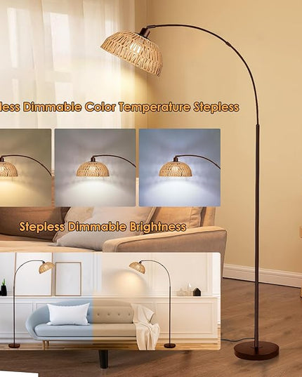 Arc Floor Lamp for Living Room,Bronze Standing Rattan Floor Lamp with Remote Control Dimmable,71" Tall Boho Farmhouse Adjustable Over Couch Lamp for Bedroom Office - LeafyLoom