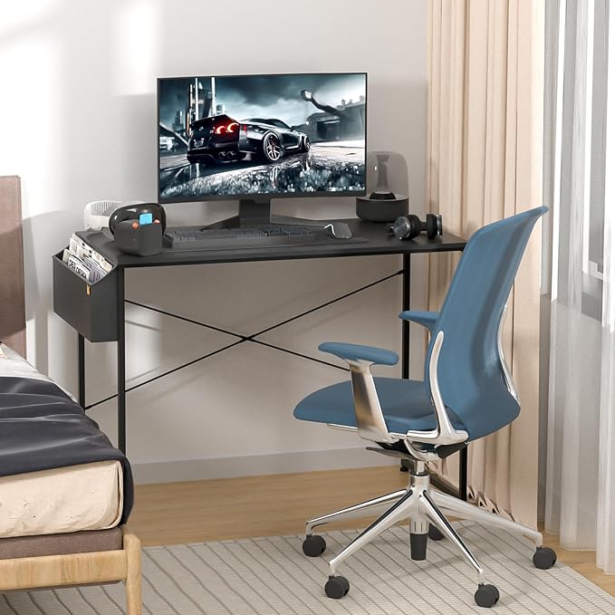 MoNiBloom Writing Computer Desk 40", Simple Home Office Gaming Desk with Storage Bag, Space Saving Table - Black - LeafyLoom