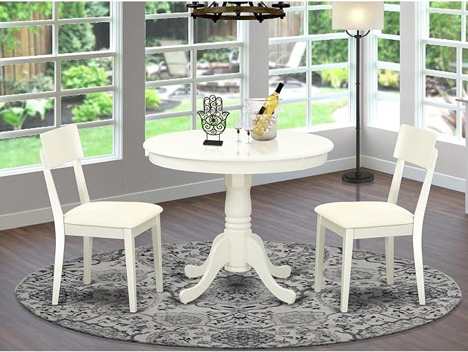 East West Furniture ANAD3-LWH-LC 3 Piece Kitchen Set Contains a Round Room Table with Pedestal and 2 Faux Leather Upholstered Dining Chairs, 36x36 Inch, Linen White - LeafyLoom
