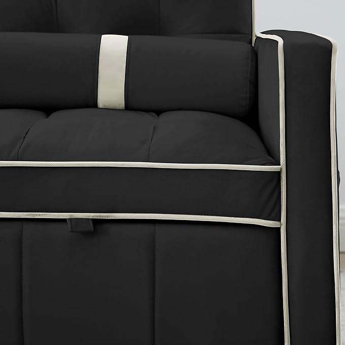 3 in 1 Tufted Sleeper Sofa Cylindrical Pillows,Modern Convertible Loveseat Sofá W Pull Out Sleep Couch Bed and Side Pockets,Velvet Upholstered Love Seat Sofabed for Living Room, 55.5", Black1 - LeafyLoom