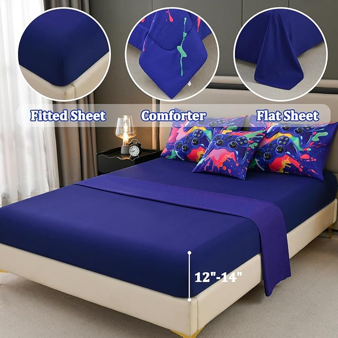Gamer Comforter Set for Boys Kids, 6 Pcs Bed in a Bag Game Controller Boys Bediing Set Twin Size for All Season - LeafyLoom