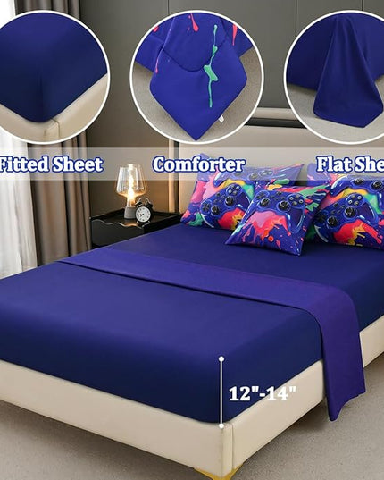 Full Size Gamer Comforter Set for Boys, Game Controller 6 Pcs Bed in a Bag Full Gaming Bediing Set for Boys Kids - LeafyLoom
