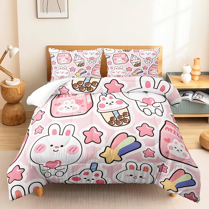 CVHOUSE Kawaii Bedding Full Size,Kawaii Rabbit Bedding Set for Girls Kids,Cute Rabbit Comforter Set Kawaii Rabbit Duvet Set Rabbit Pattren Quilt Set Girls Room Decor 3 Pieces - LeafyLoom