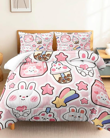 CVHOUSE Kawaii Bedding Queen Size,Kawaii Rabbit Bedding Set for Girls Kids,Cute Rabbit Comforter Set Kawaii Rabbit Duvet Set Rabbit Pattren Quilt Set Girls Room Decor 3 Pieces - LeafyLoom