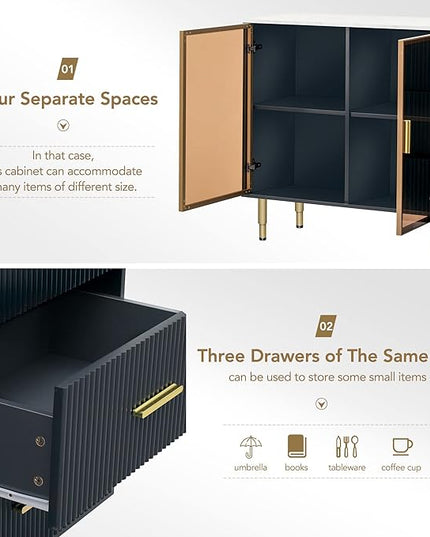 Modern Sideboard MDF with Marble Sticker Tabletop and Amber-Yellow Tempered Glass Doors,Freestanding Buffet Storage Cabinet,W/Gold Metal Legs & Handles,for Dining Room,Kitchen,Navy Blue, 60" - LeafyLoom